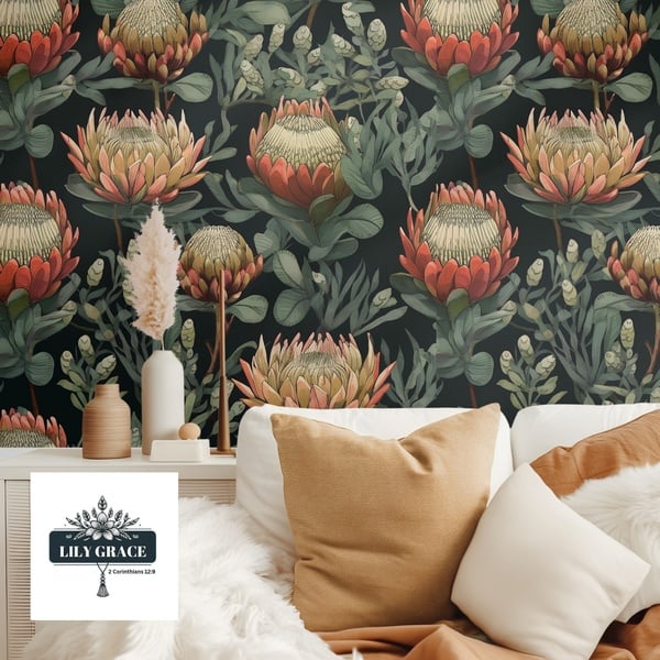 floral wallpaper dark – Protea Wallpaper