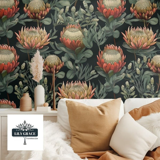 floral wallpaper dark – Protea Wallpaper