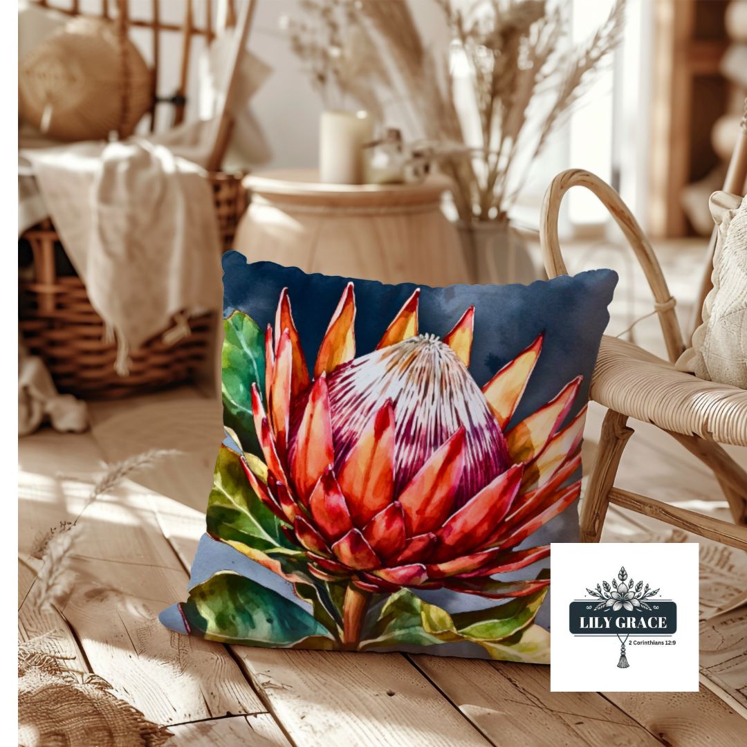 Modern protea scatter cushion, square cotton cushion cover with red and orange floral print