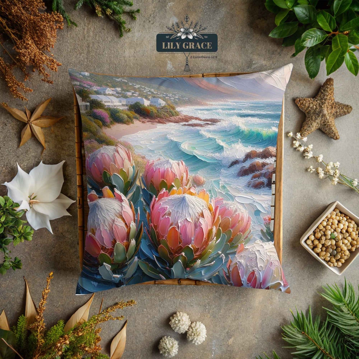 Close-up of Lily Grace Design cotton scatter cushion cover featuring proteas, coastal homes and turquoise waves