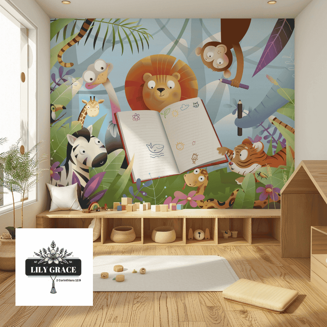 Jungle school wallpaper for kids room