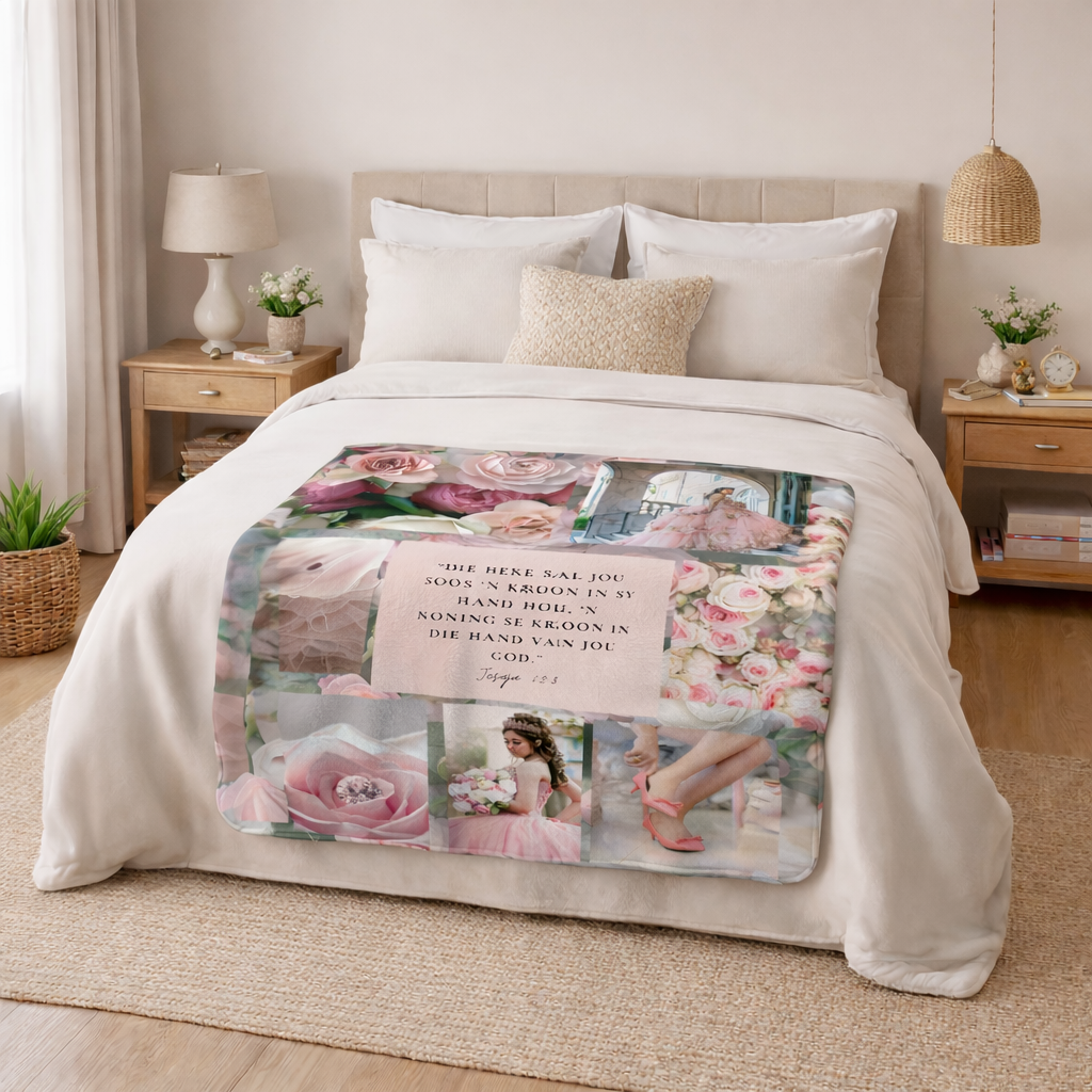 Lightweight fleece Faith Blanket featuring Jesaja 62:3. Soft, practical and printed in South Africa. A thoughtful Christian art gift for girls or women.