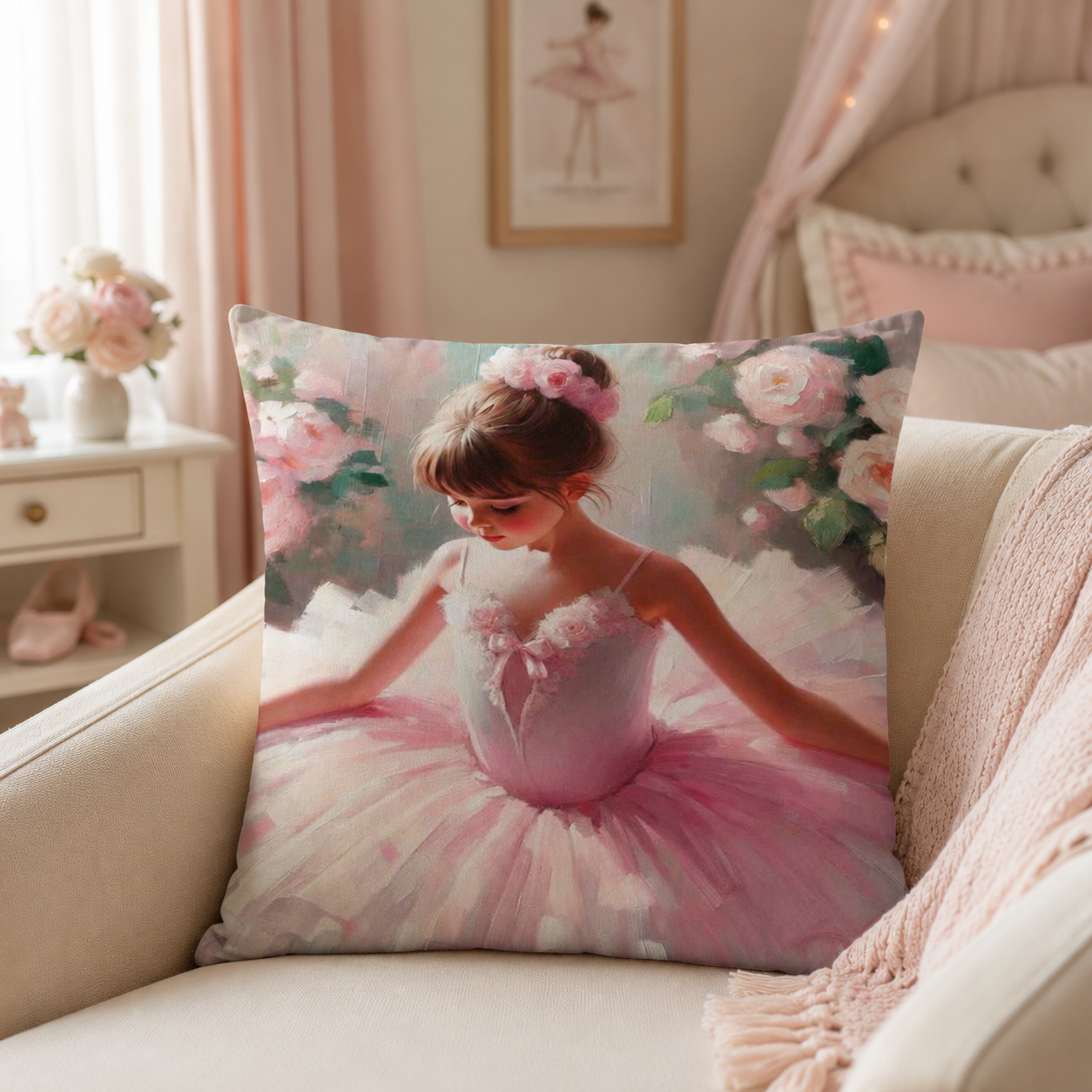 Petite Ballerina cotton scatter cushion cover on a cream sofa in a pastel girls bedroom, with soft pink ballet and floral artwork.