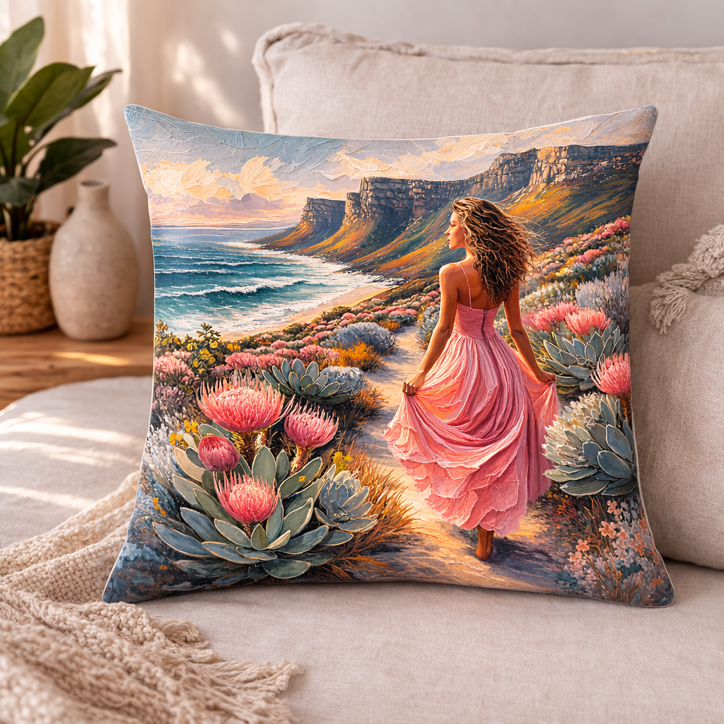 Decorative pillow with a woman in a pink dress walking through flowers and cliffs.