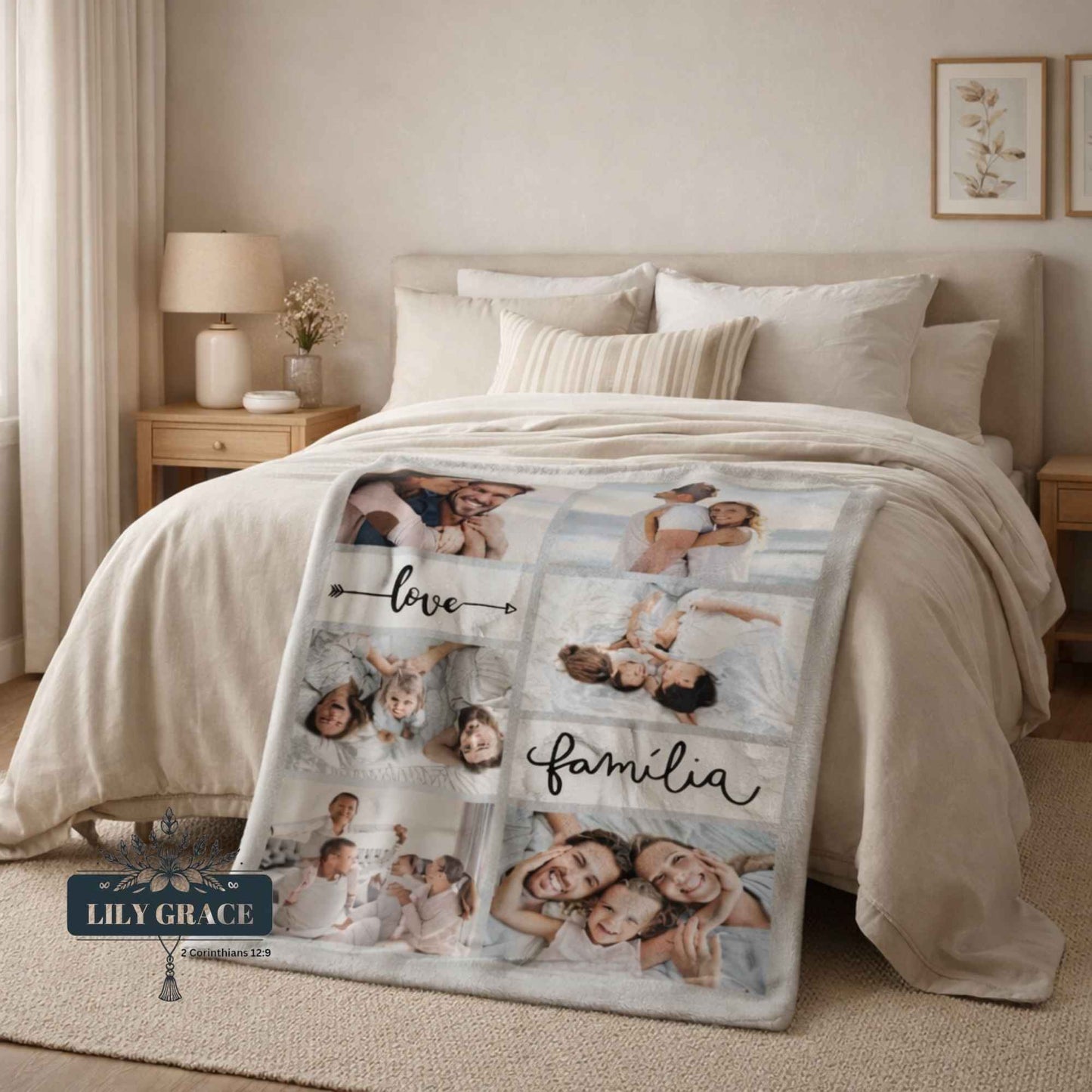 A personalised photo blanket featuring multiple family photos and subtle floral accents, displayed in a modern bedroom