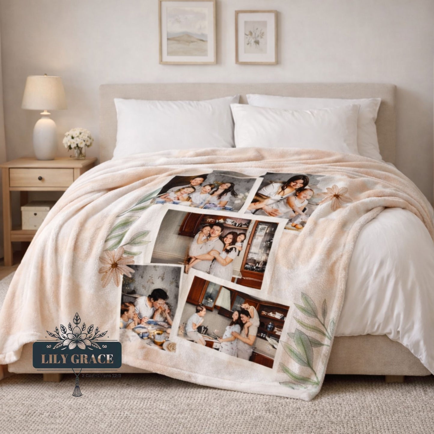 A cozy personalised blanket draped on a bed, featuring a collage of family photos printed on soft fleece. Perfect as photo blankets or custom printed blankets South Africa buyers can order for meaningful gifts