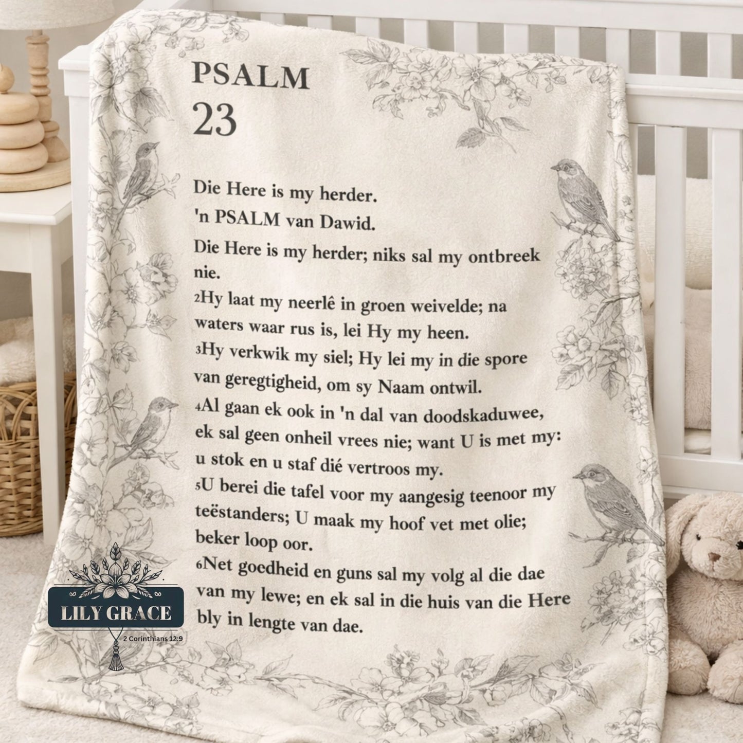 English Psalm 23 faith fleece blanket nursery scene