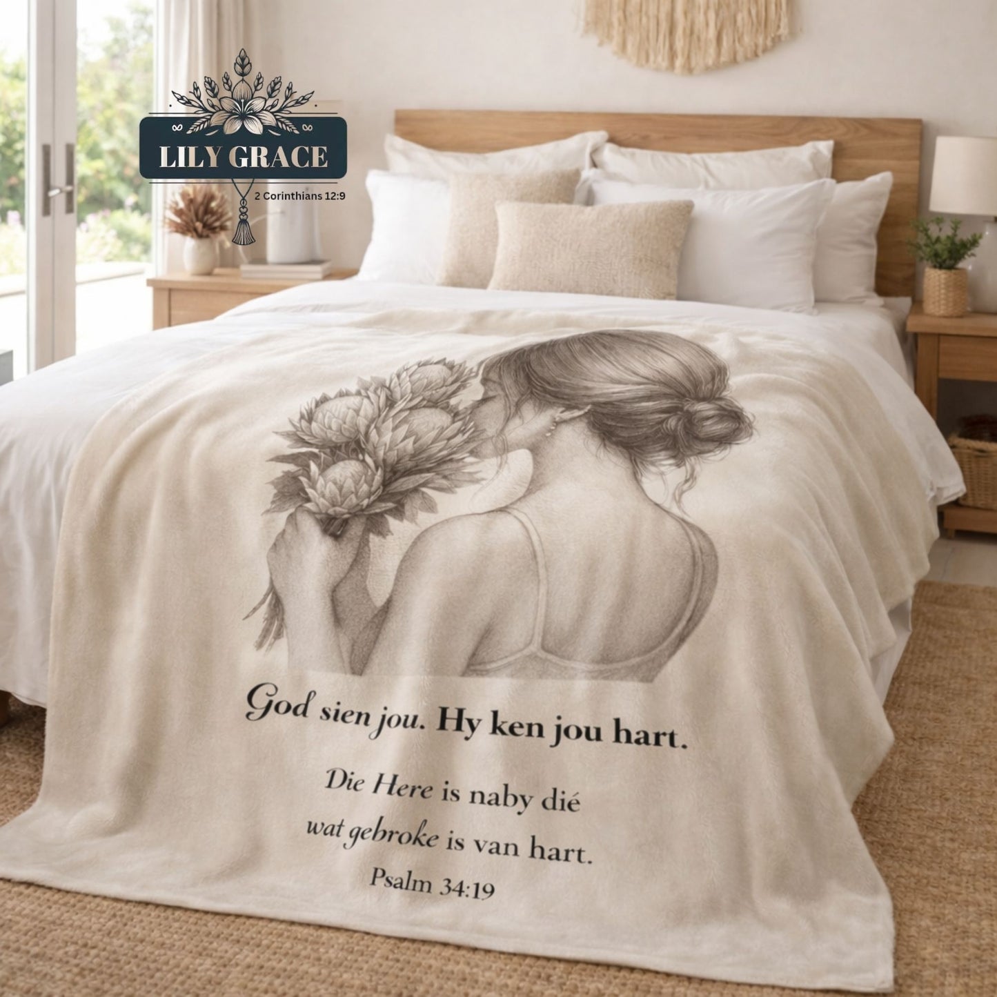 Afrikaans faith blanket with protea illustration and scripture text