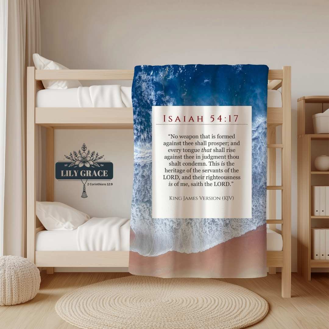 Blue ocean and verse design on Lily Grace faith blanket