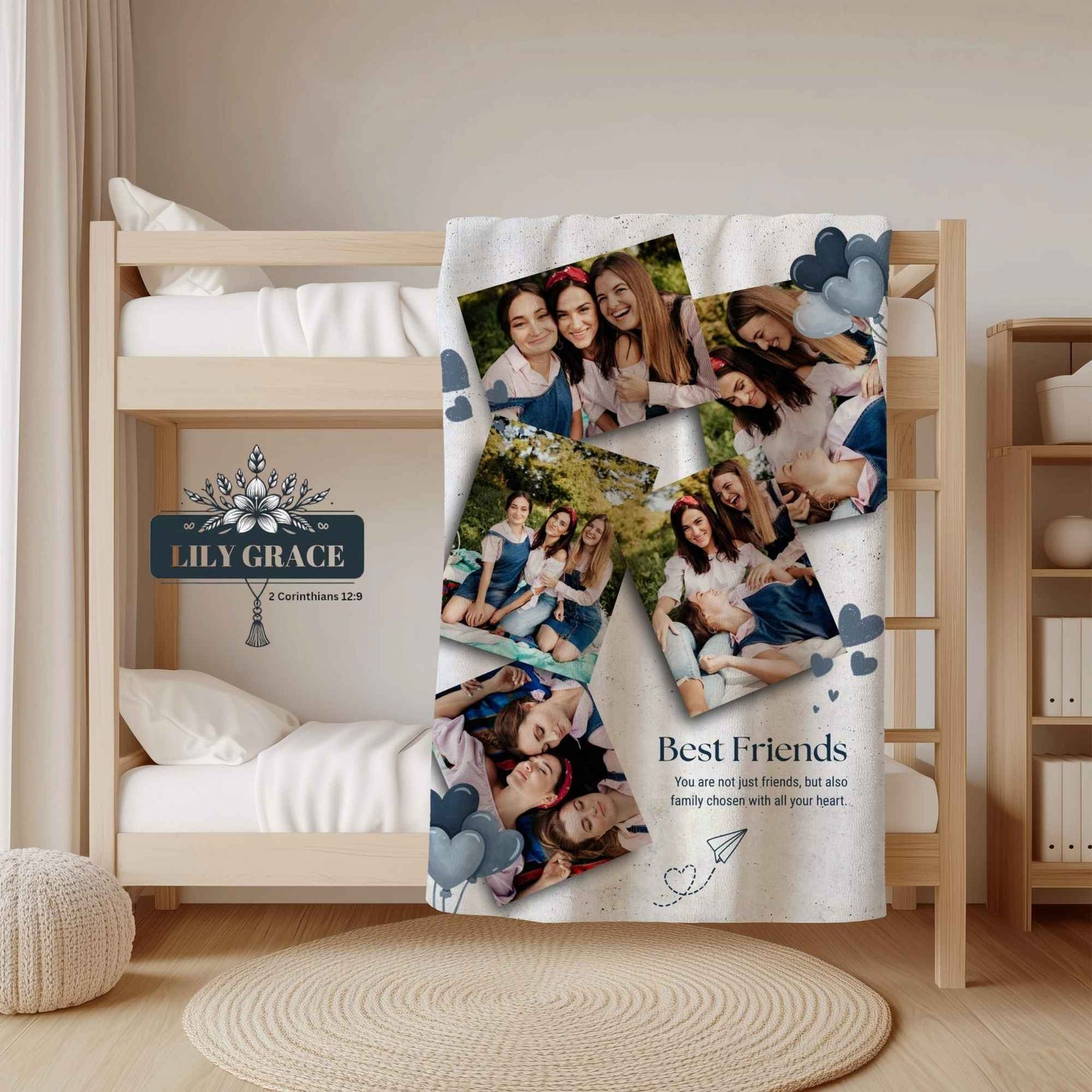 Custom photo blanket draped on a bed showing printed memories on soft coral fleece, personalised gift idea in South Africa