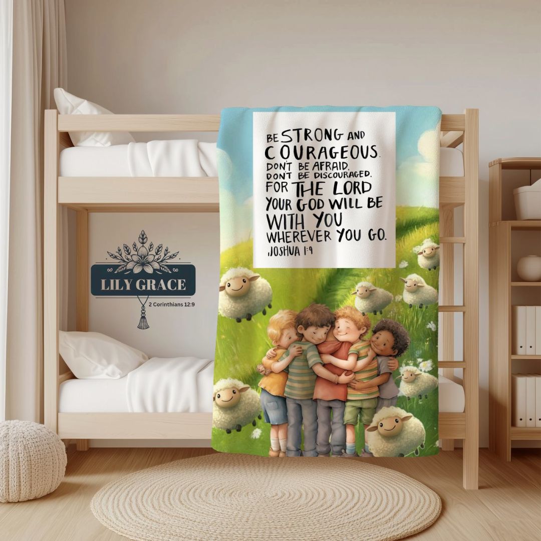 Children hugging in green field with sheep and Scripture Joshua 1:9 on fleece blanket