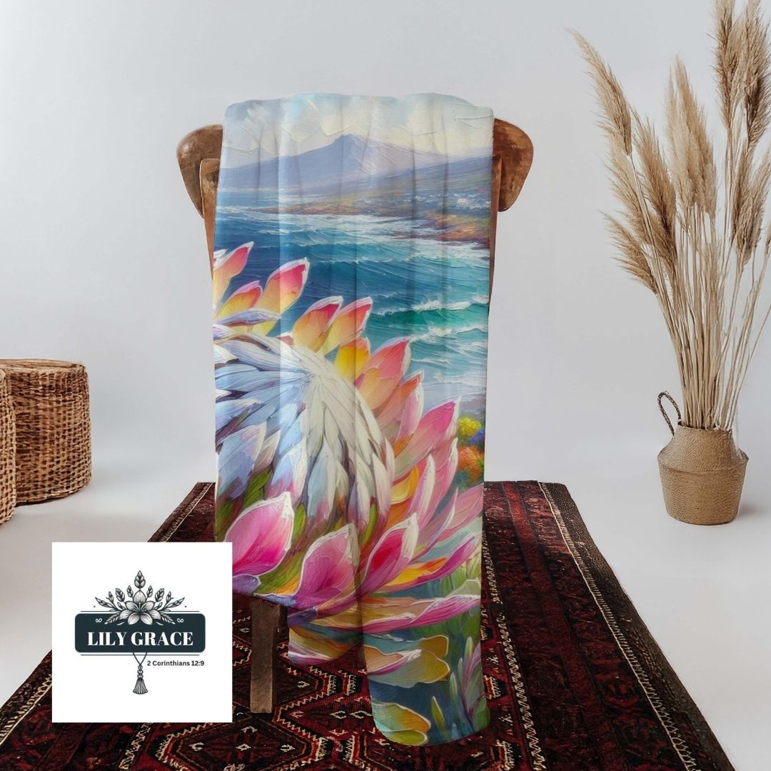 Protea and ocean coral fleece blanket