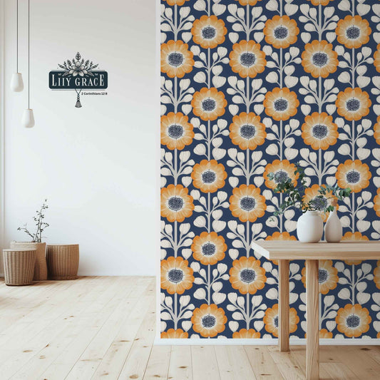 Modern blue floral wallpaper