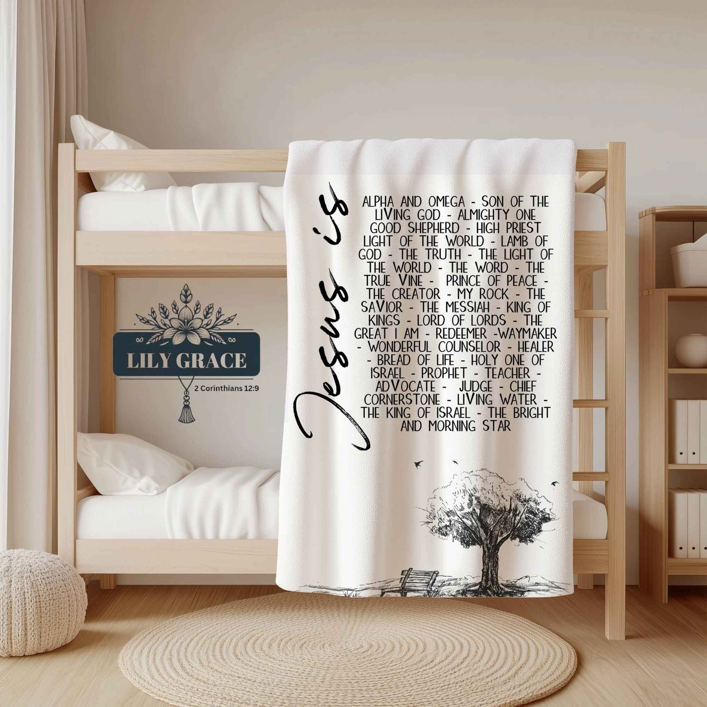 Faith blanket featuring The Great I Am scripture design in living room