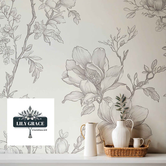 Vintage Floral Toile – Grey & Beige wallpaper for bedrooms