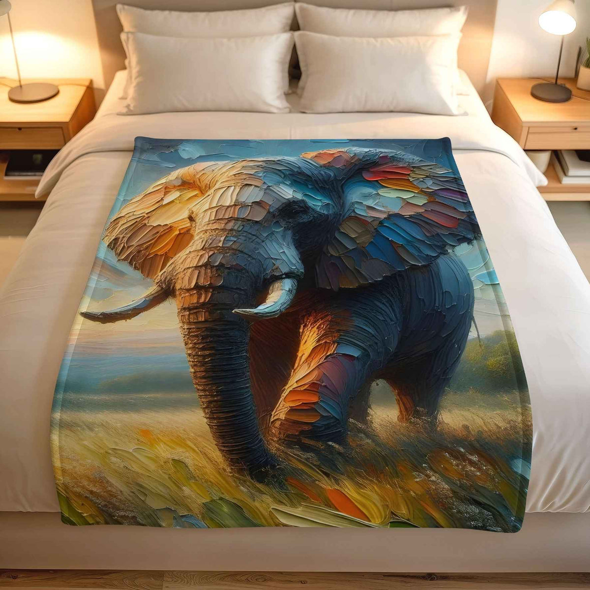 ily Grace Design elephant fleece blanket with African wildlife artwork in rich blue, gold and rust tones.
