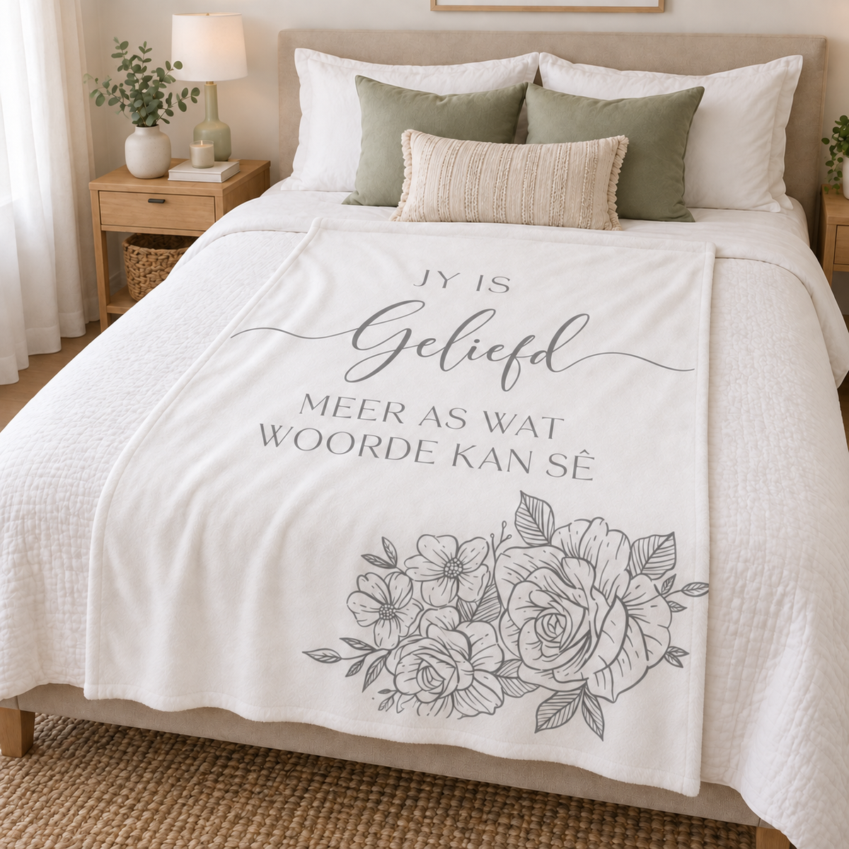 Lily Grace Design Afrikaans fleece blanket in South Africa with soft grey roses and the words Jy is Geliefd meer as wat woorde kan sê