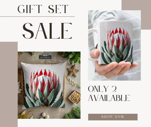 Protea scatter cushion cover with matching designer custom coffee mug