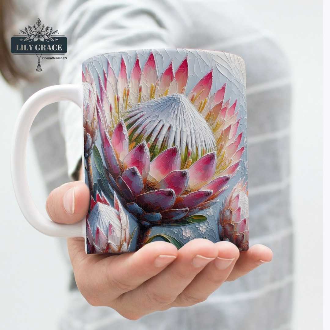 Pastel Protea coffee mug. Custom Printed coffee mug