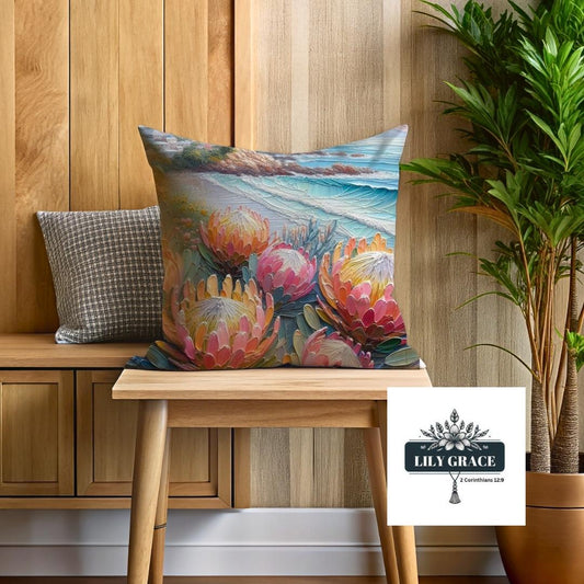 Protea and ocean painting scatter cushion cover 45 x 45cm