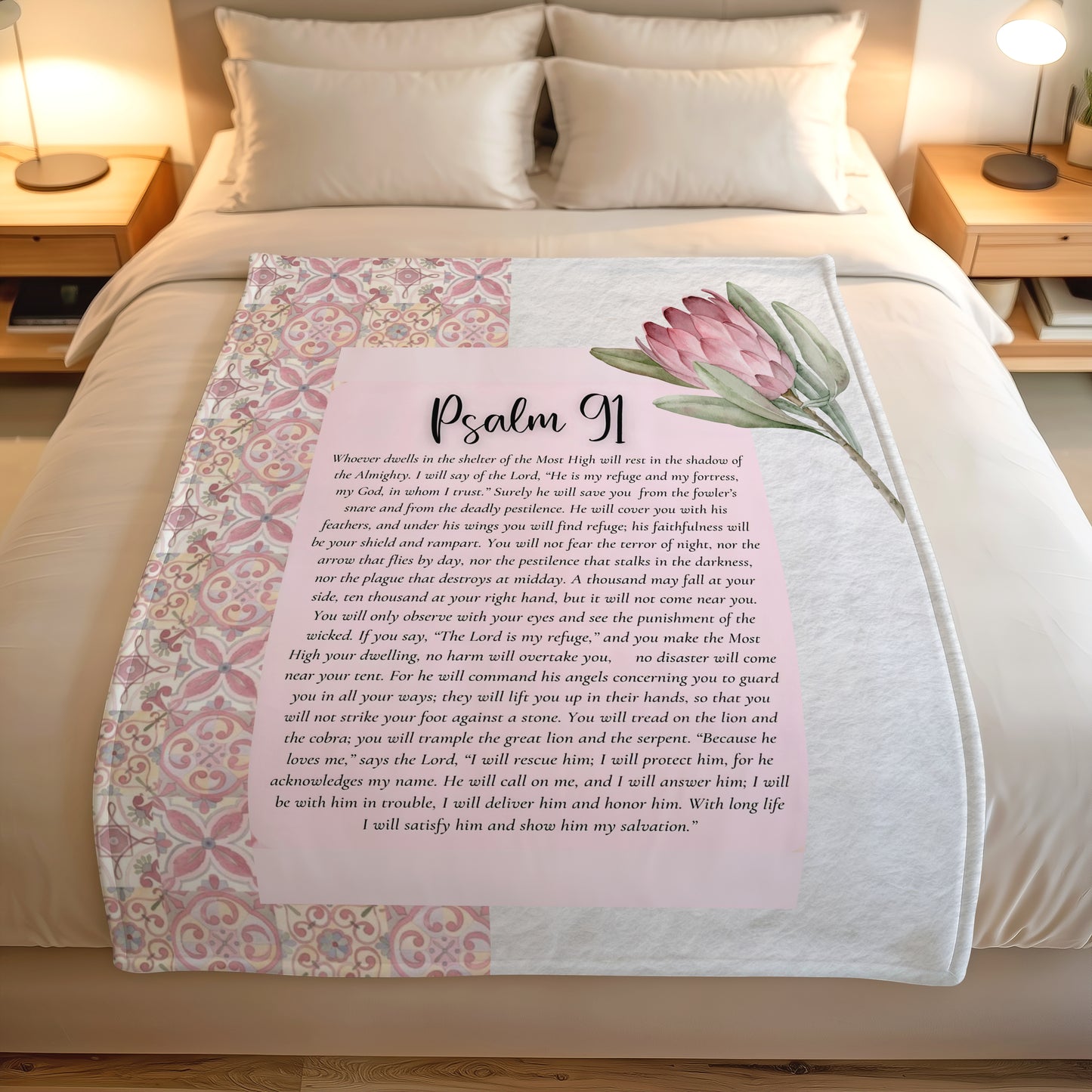 Psalm 91 fleece blanket with English Scripture, floral protea artwork and soft pink premium design.