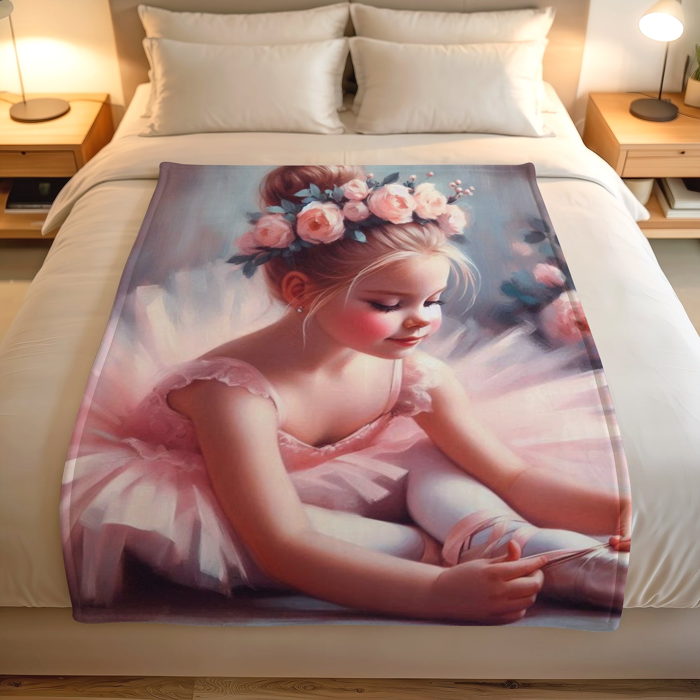 Petal Ballerina lightweight fleece blanket on a white bed, featuring a soft pink ballerina and floral crown design by Lily Grace Design South Africa.