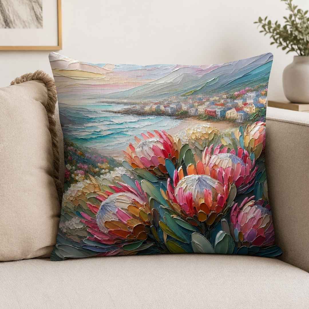 South African protea and ocean cotton cushion cover styled on a neutral bedroom bed