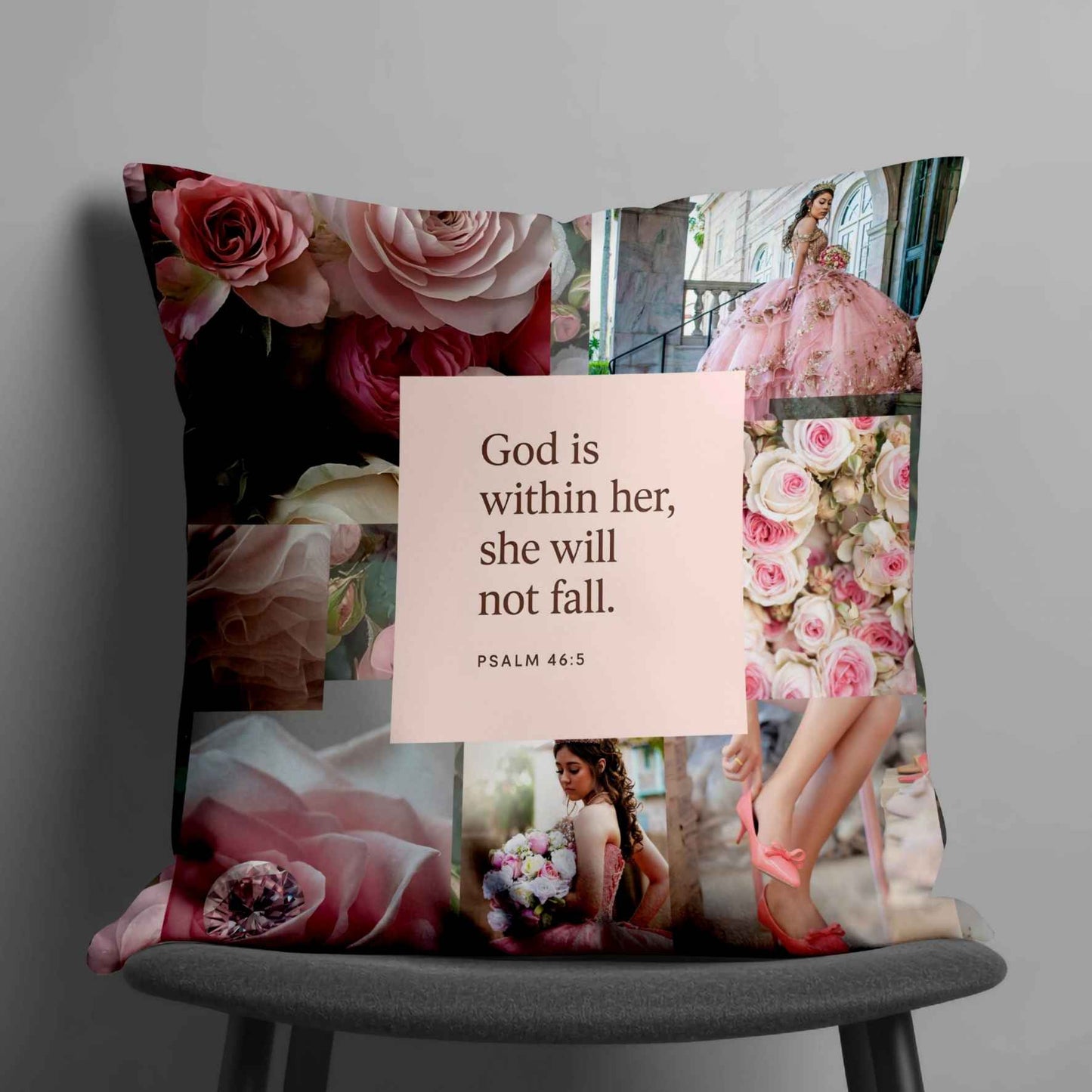Pink floral Christian scatter cushion cover featuring “God is within her, she will not fall” from Psalm 46:5, with roses and feminine collage details.