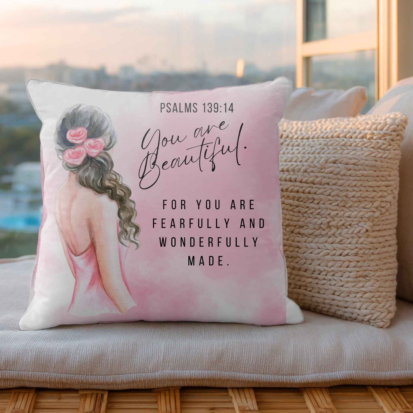 Pink Christian scatter cushion cover featuring Psalm 139:14, “You are beautiful, fearfully and wonderfully made,” styled on a neutral sofa.
