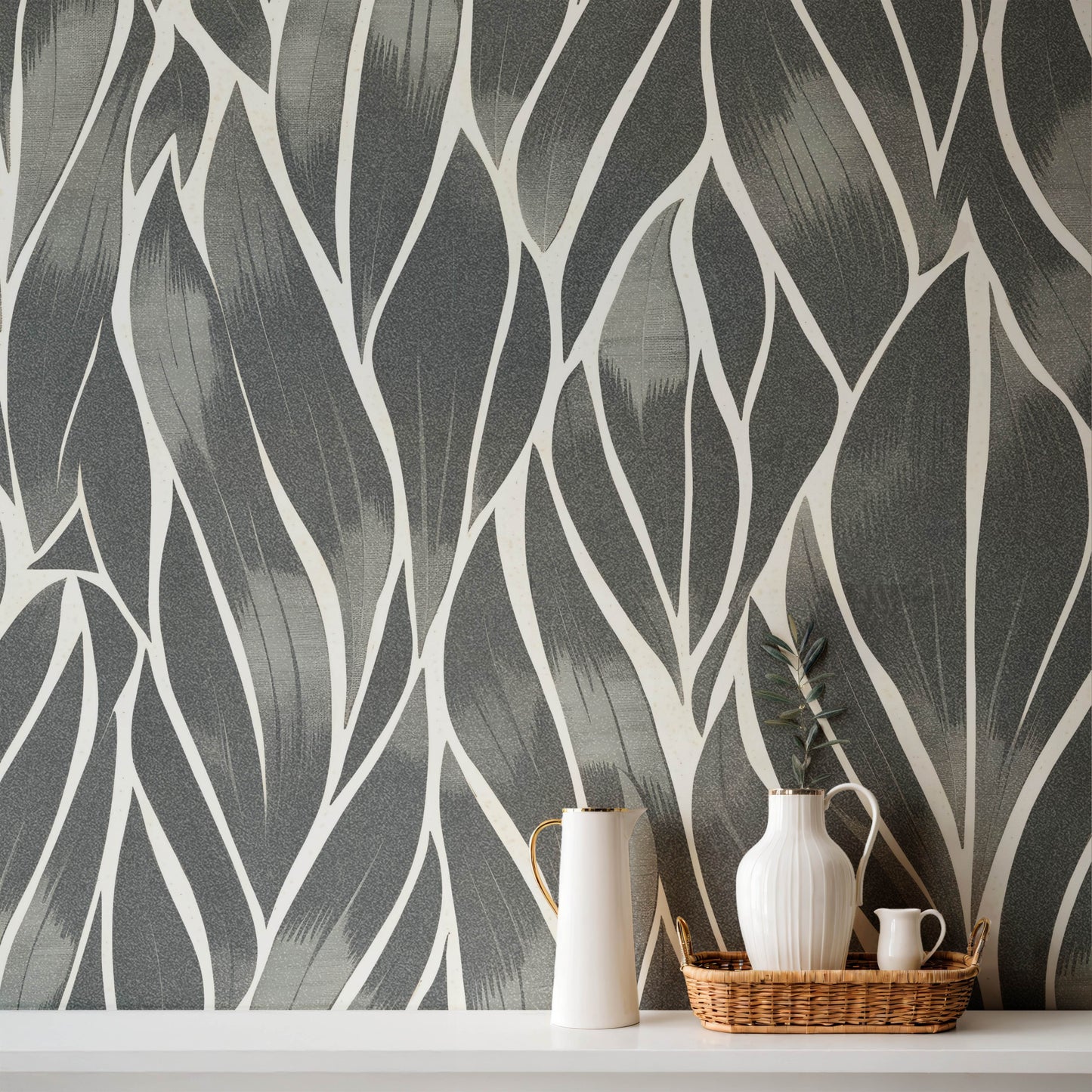 Living Room Feature Wall – Tropical Engrave Leaf Wallpaper
