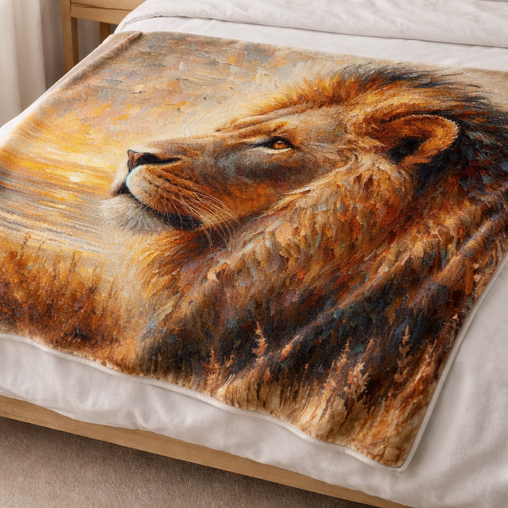 Wildlife fleece blanket featuring a detailed lion design at sunset, lightweight soft fleece blanket throw styled on a chair in a neutral bedroom setting.
