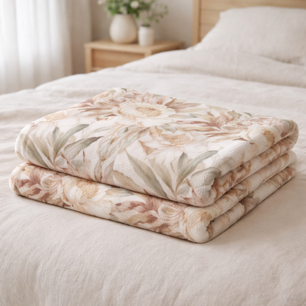 Decorative fleece throw blanket with soft botanical print in natural beige living room setting