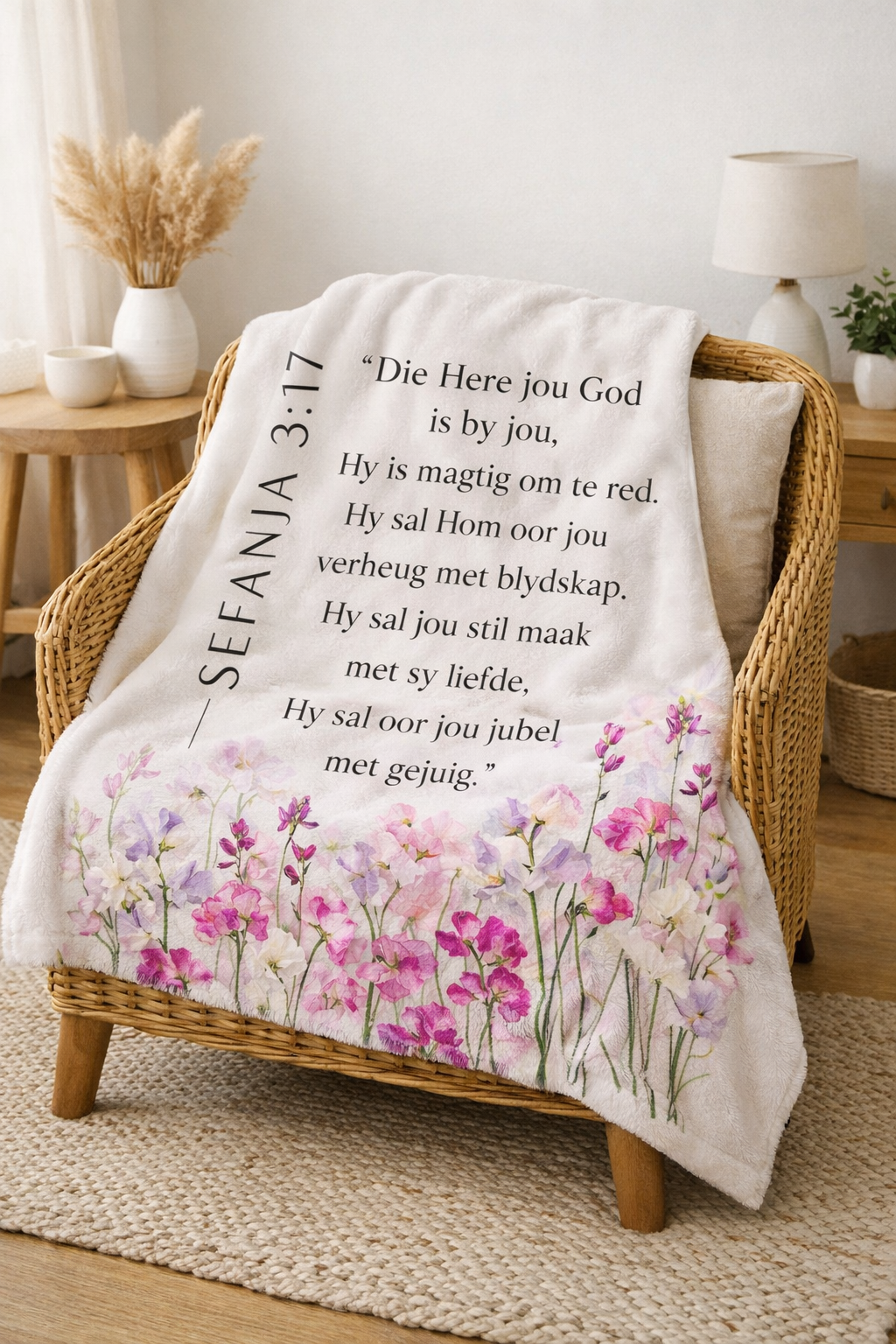 Sefanja 3:17 Afrikaans faith blanket with floral design. Christian art gifts South Africa