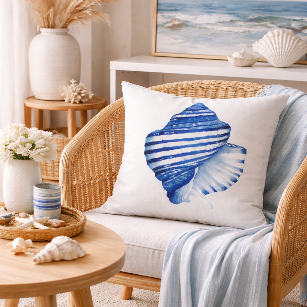 Blue shell cotton scatter cushion cover styled on a wicker chair with neutral decor
