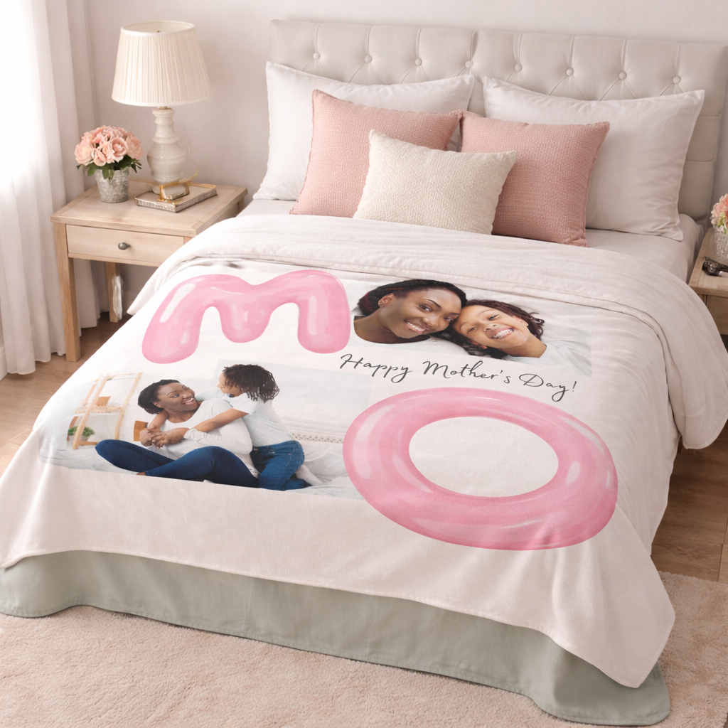 Photo Blanket with 'Happy Mother's Day' design featuring a family photo on a bed.