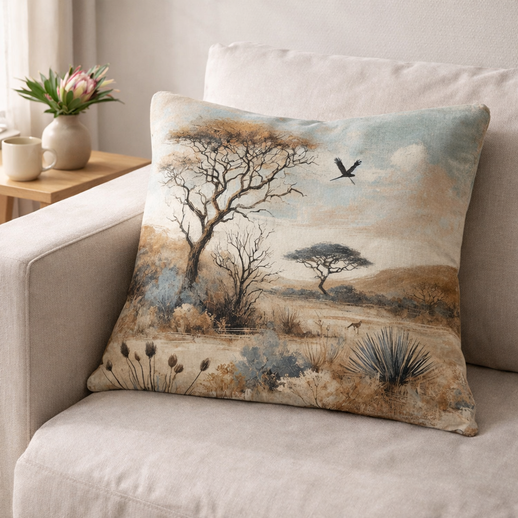 African landscape cotton scatter cushion cover with acacia tree design styled on neutral armchair in calm South African home interior