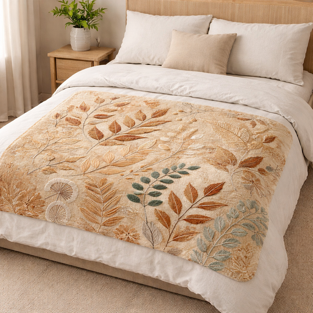 Botanical fleece blanket with rust and teal leaf design laid across the foot of a bed in a neutral bedroom.
