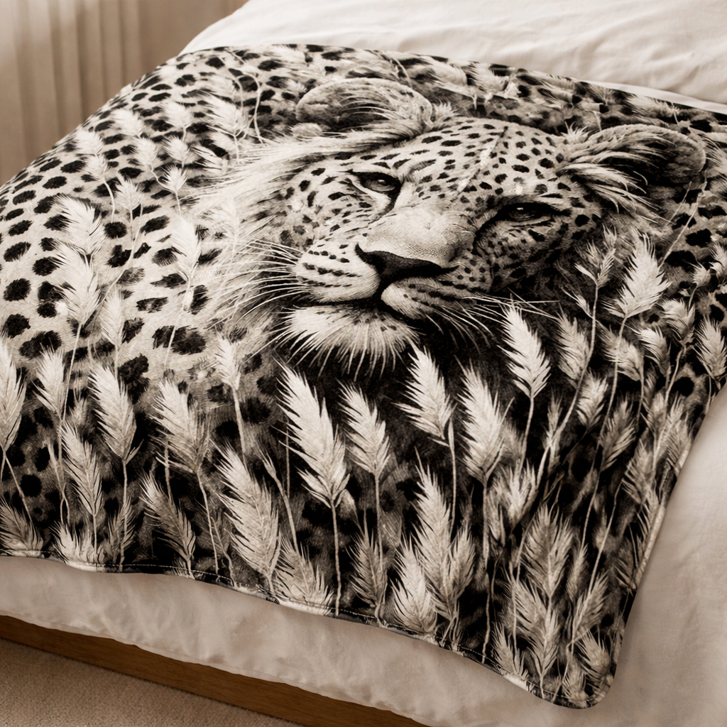 soft fleece blanket with leopard print styled on bed neutral bedroom lightweight throw blanket South Africa