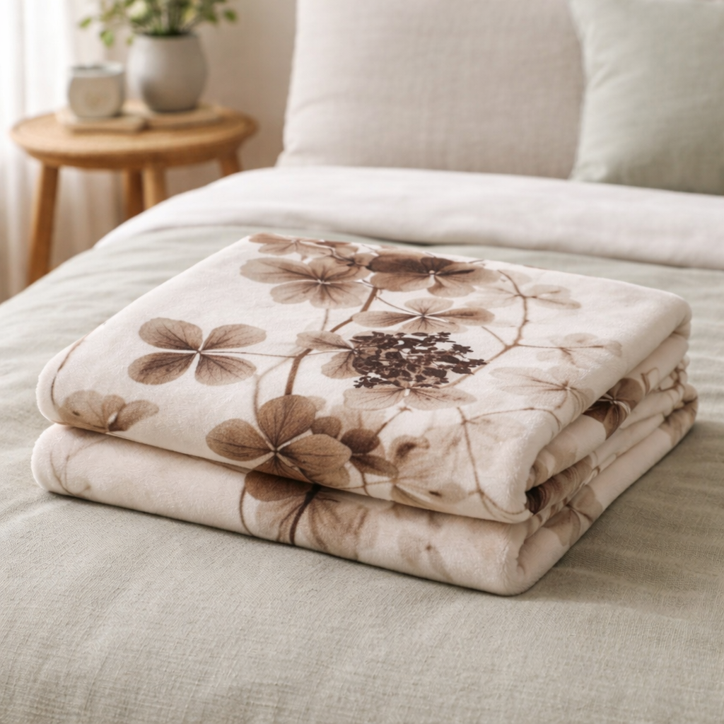 Decorative fleece throw blanket with neutral botanical pattern styled in a calm natural home setting.