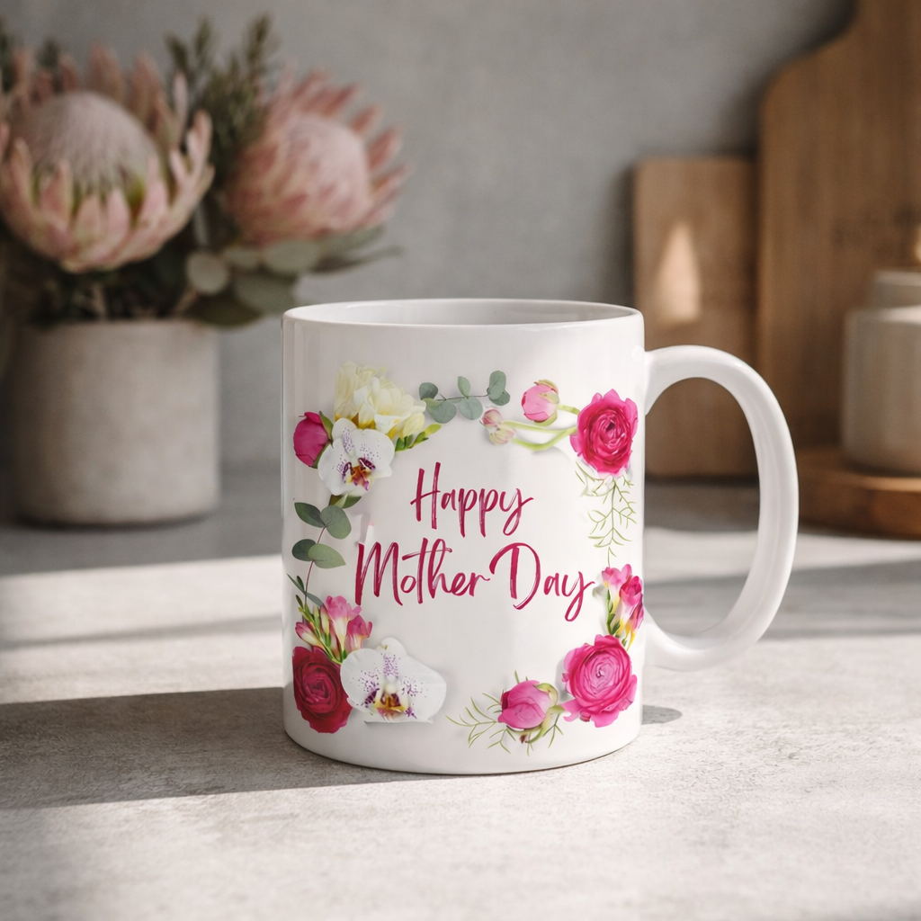 Floral Mother’s Day Gift mug on table with flowers mothers day south africa gift idea