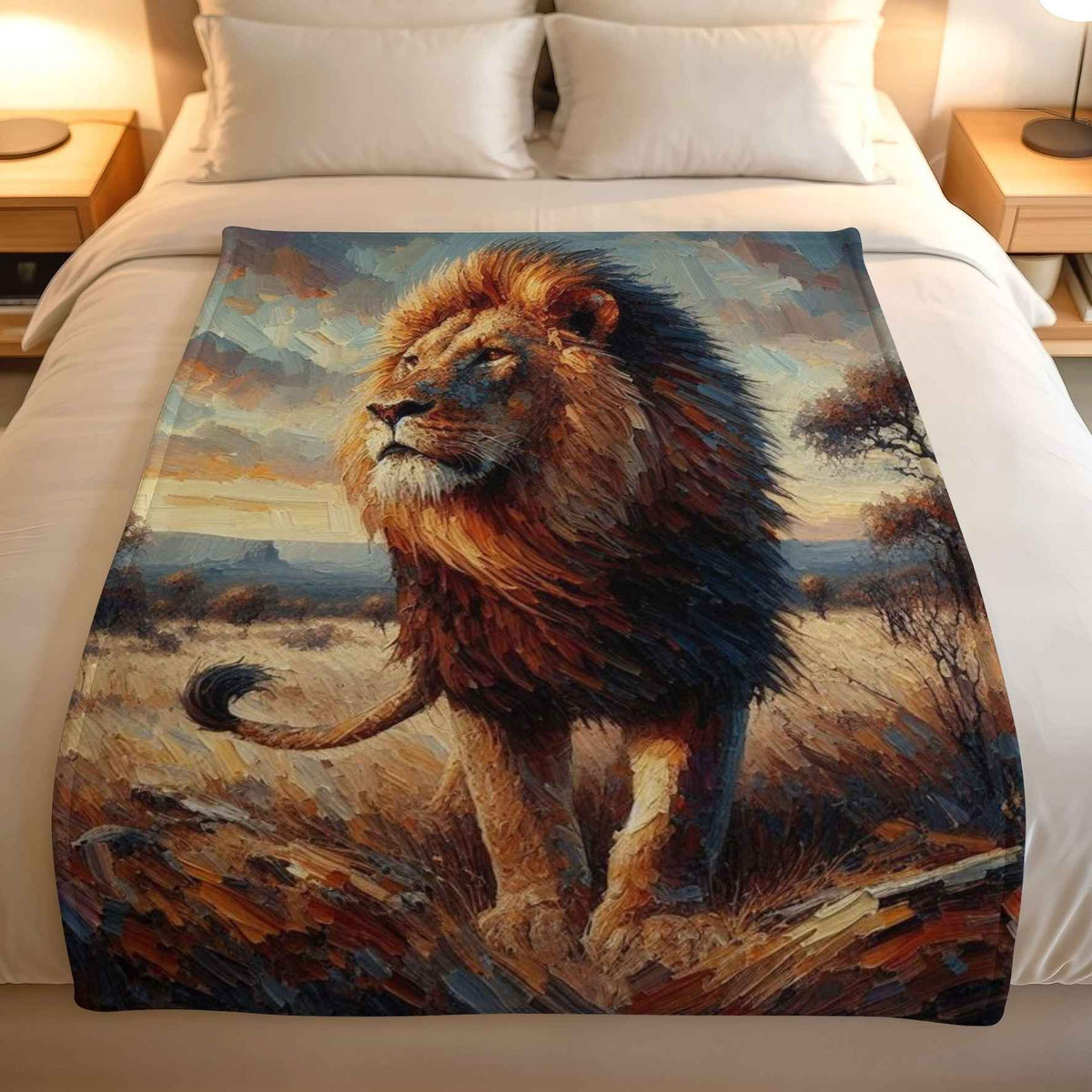 Wildlife blanket with painterly lion artwork, golden grass and a sunset sky, displayed against a grey wall.