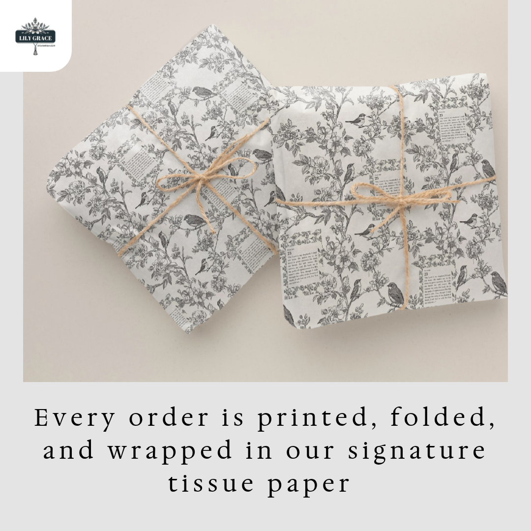 Two packages wrapped in patterned tissue paper with a visible brand logo.