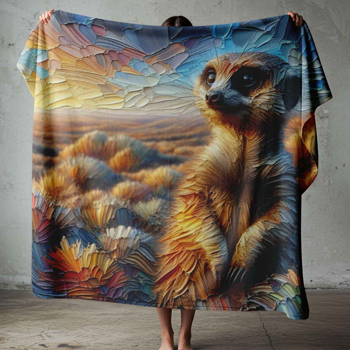Wildlife blanket with a large meerkat illustration against a sunset landscape, framed by colourful brushstroke-style artwork.