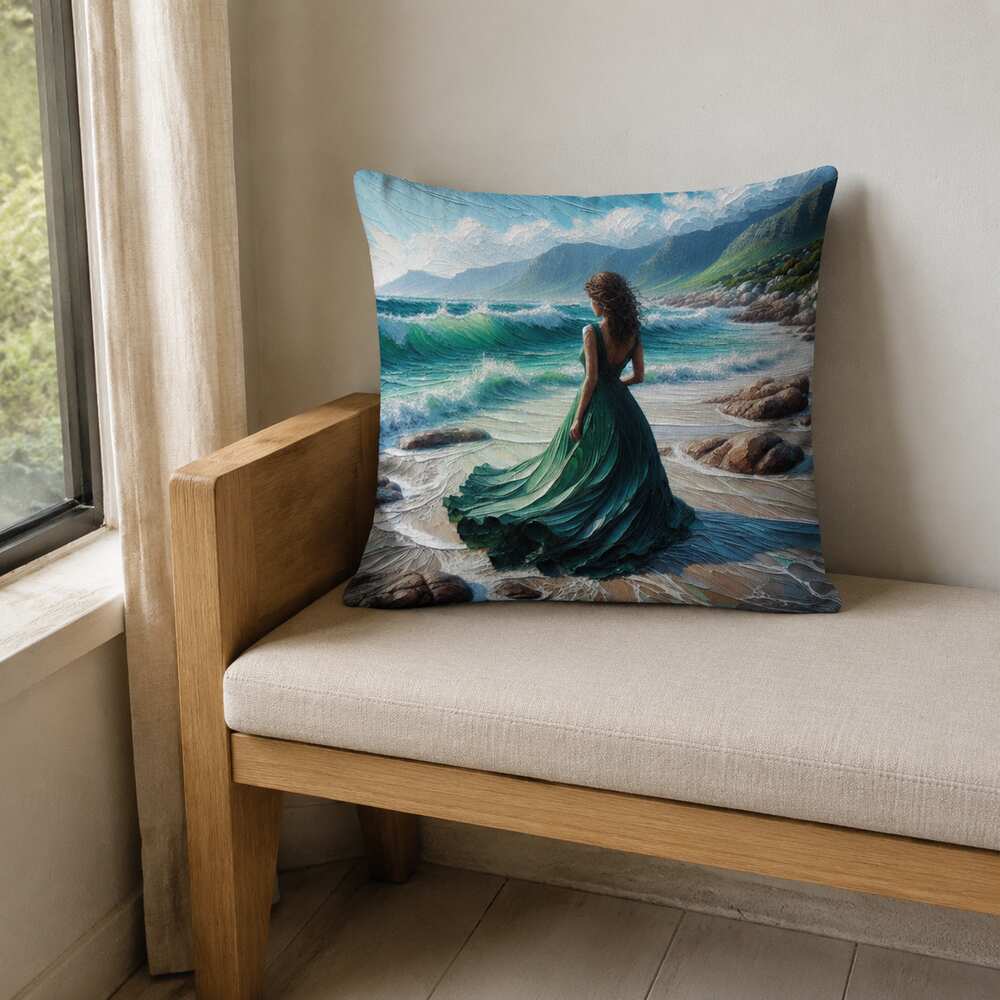 Lily Grace Design 45 × 45 cm cotton cushion cover with coastal woman artwork, displayed on a light wooden bench beside a sunlit window.