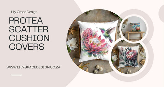 Protea scatter cushion cover on a sofa in South African home