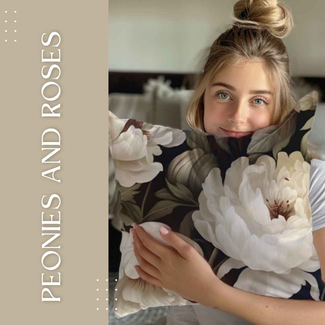 Peonies and Roses scatter cushion covers in soft floral designs, custom printed in South Africa, displayed on a modern sofa