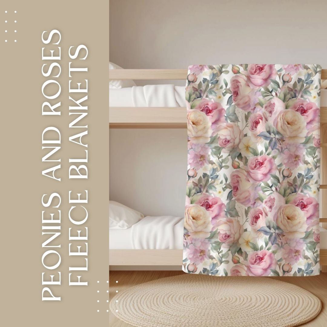 Custom printed floral fleece blanket with roses and peonies
