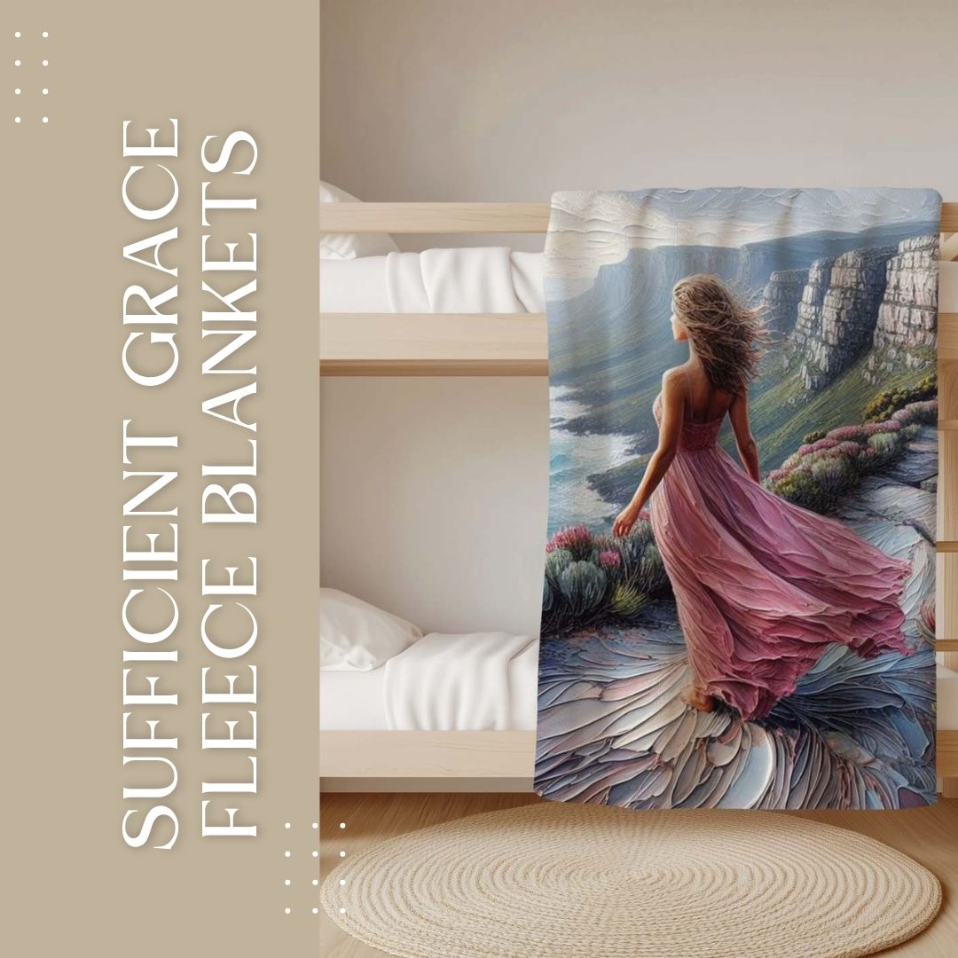 Sufficient Grace fleece blanket inspired by Hermanus cliffs and coastal scenery in South Africa, exclusive Lily Grace Design.