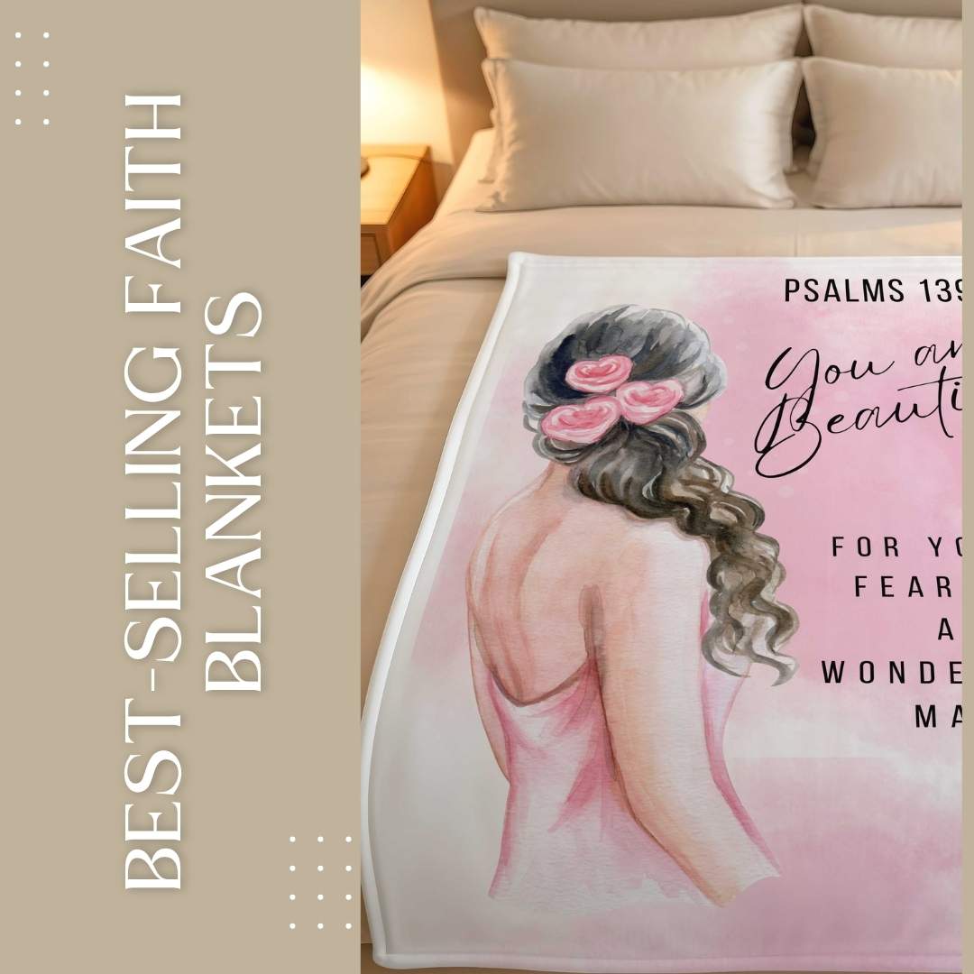 Best-selling Lily Grace faith blankets in Afrikaans and English, shown as lightweight fleece throw blankets with scripture designs