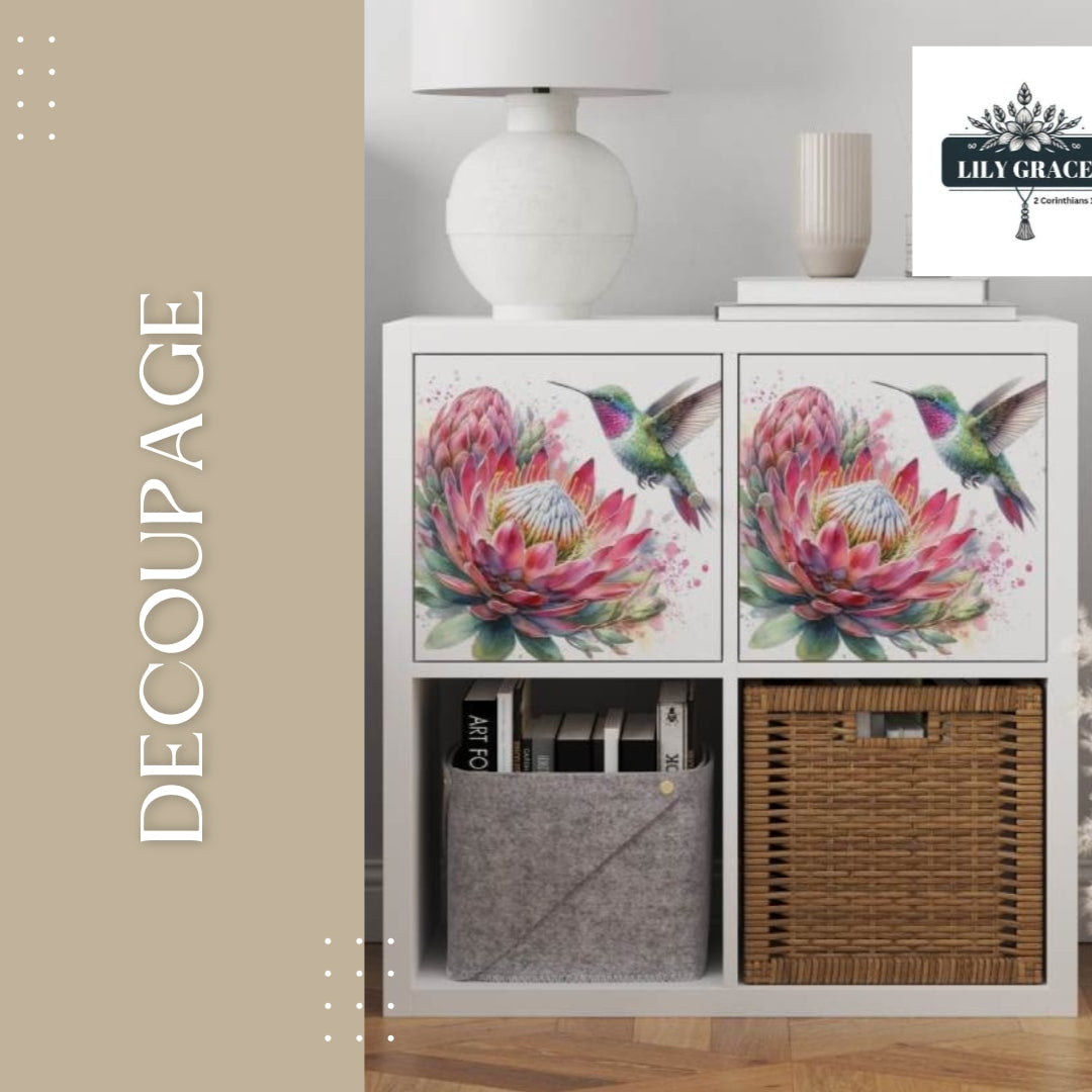 Protea floral design decoupage paper on wooden tray